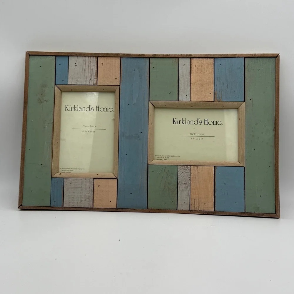 Kirklands Home Rustic Wood Plank Double Photo Frame 4x6 Blue Green Tan 8FB2550